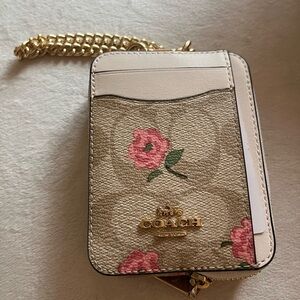 Coach Beige Floral Card Holder with Gold Chain